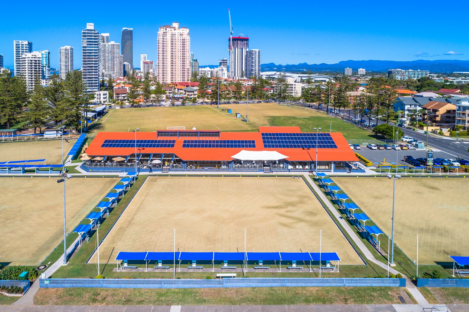 Coolshade aquablue fabric shades at Broadbeach Bowls Club